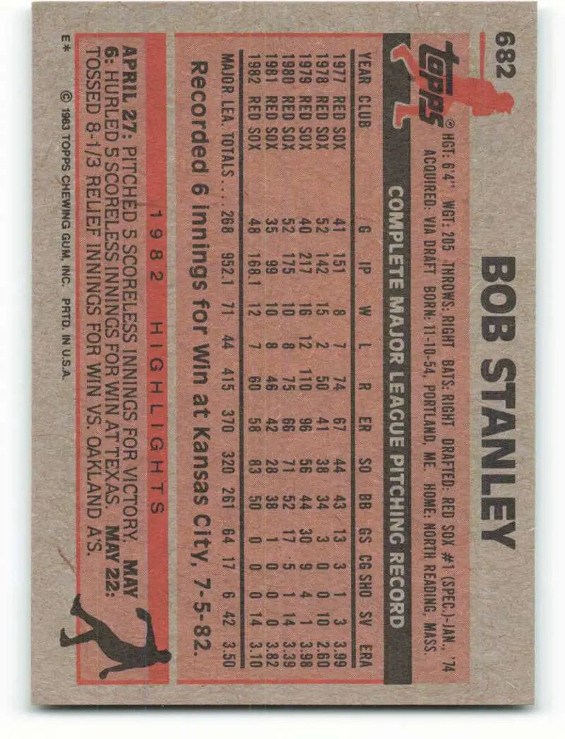 1983 Topps #682 Bob Stanley EX Excellent Boston Red Sox Baseball Card - Baseball Card Single