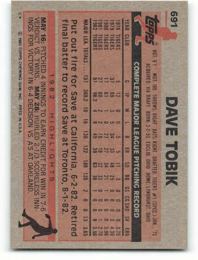 1983 Topps #691 Dave Tobik EX Excellent Detroit Tigers Baseball Card - Baseball Card Single