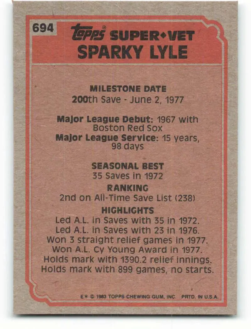 1983 Topps #694 Sparky Lyle EX Excellent Boston Red Sox/Chicago White Sox Baseball Card - Baseball Card Single