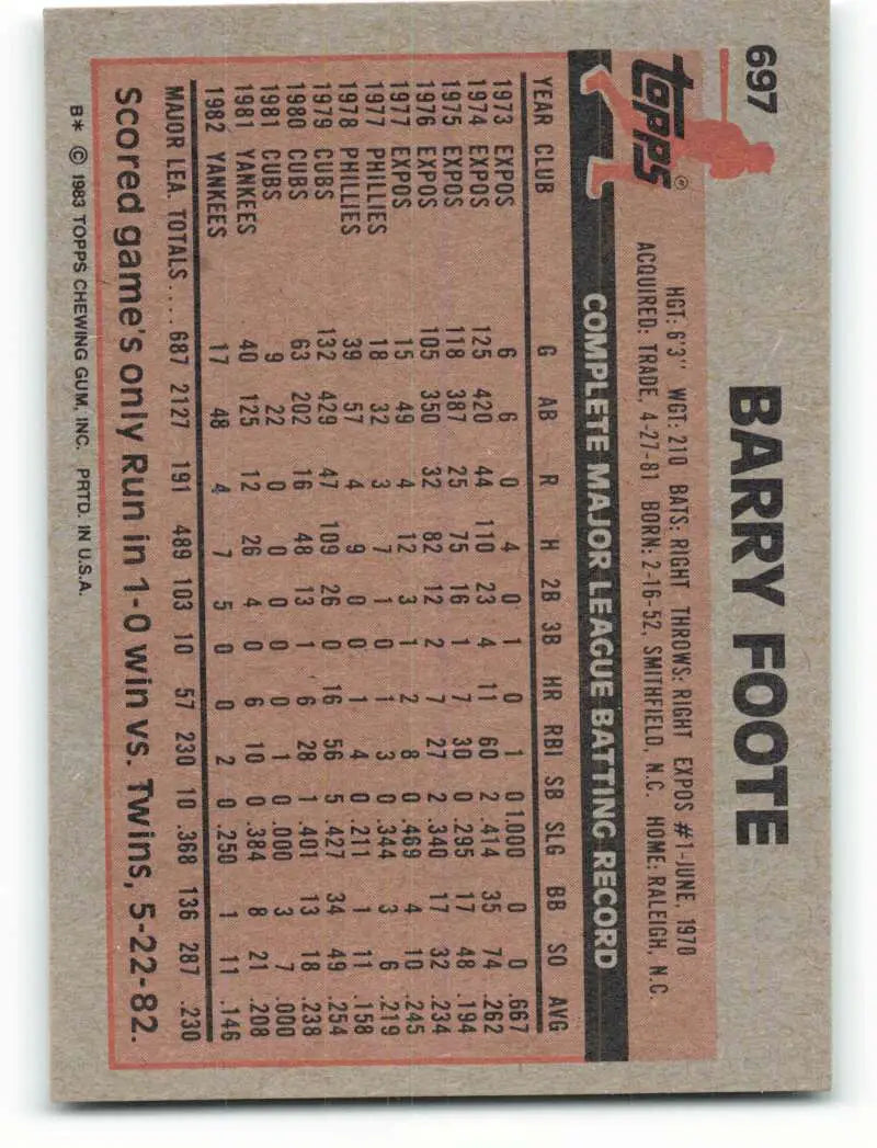 1983 Topps #697 Barry Foote EX Excellent New York Yankees Baseball Card - Baseball Card Single