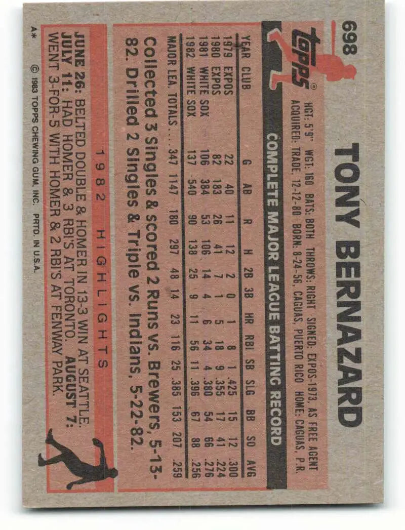 1983 Topps #698 Tony Bernazard EX Excellent Chicago White Sox Baseball Card - Baseball Card Single