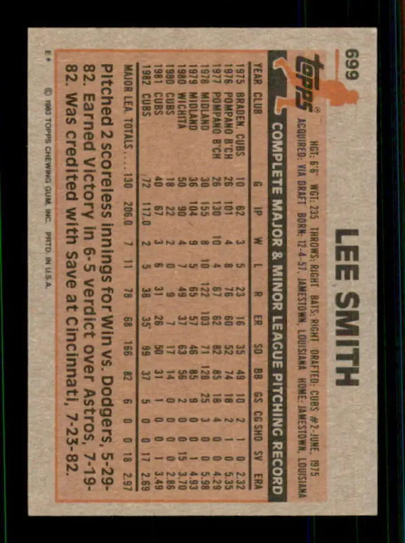 1983 Topps #699 Lee Smith EX Excellent Chicago Cubs Baseball Card - Baseball Card Single