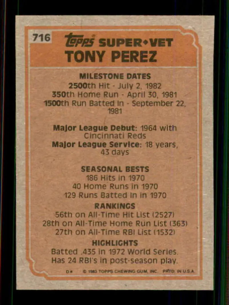 1983 Topps #715 Tony Perez EX Excellent Boston Red Sox Baseball Card - Baseball Card Single