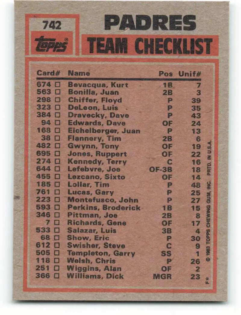 1983 Topps #742 Terry Kennedy/Tim Lollar EX Excellent San Diego Padres Baseball Card - Baseball Card Single