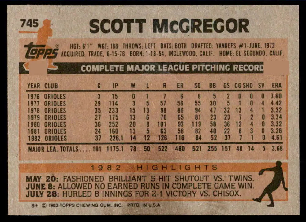 1983 Topps #745 Scott McGregor EX Excellent Baltimore Orioles Baseball Card - Baseball Card Single