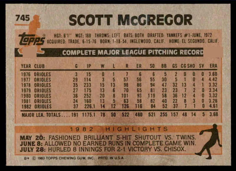 1983 Topps #745 Scott McGregor EX Excellent Baltimore Orioles Baseball Card - Baseball Card Single