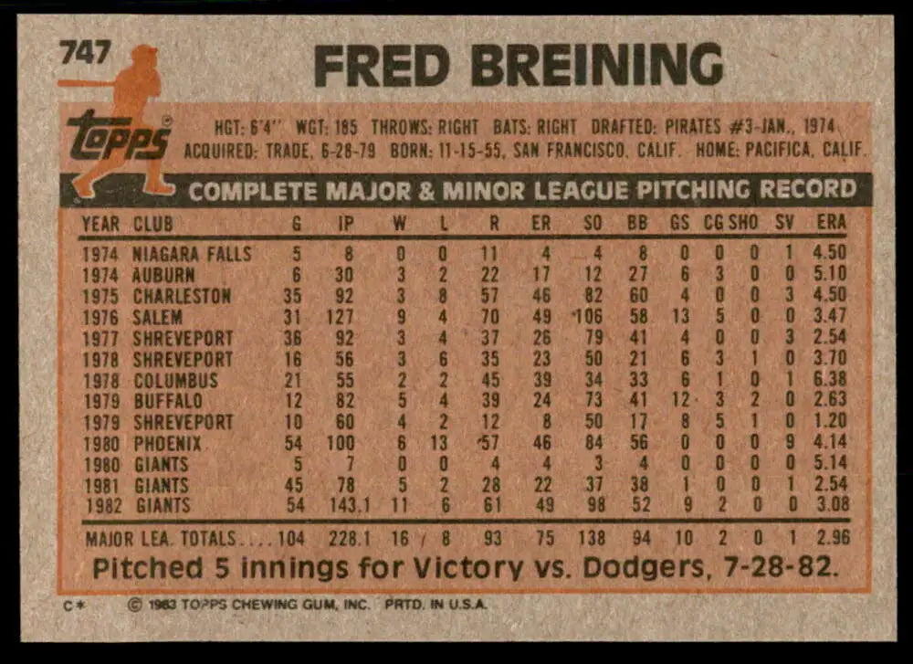 1983 Topps #747 Fred Breining EX Excellent San Francisco Giants Baseball Card - Baseball Card Single