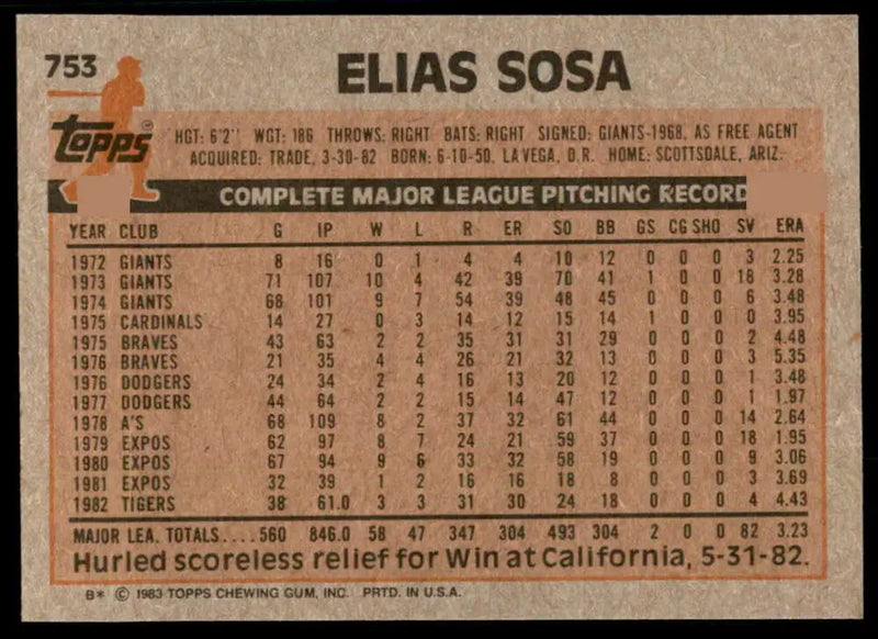 1983 Topps #753 Elias Sosa EX Excellent Detroit Tigers Baseball Card - Baseball Card Single