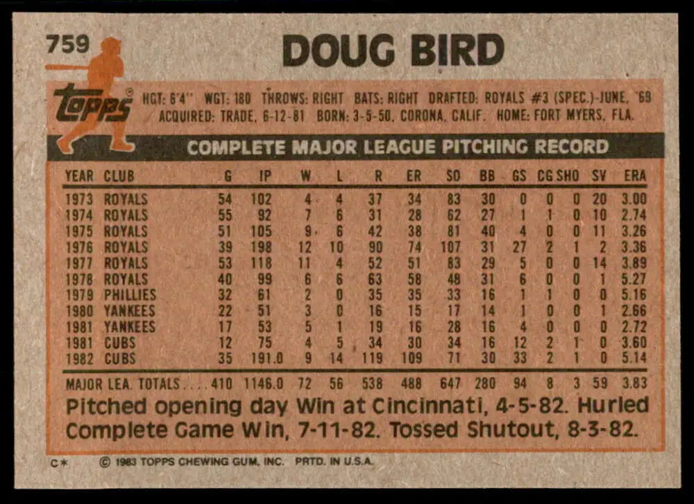 1983 Topps #759 Doug Bird EX Excellent Chicago Cubs Baseball Card - Baseball Card Single