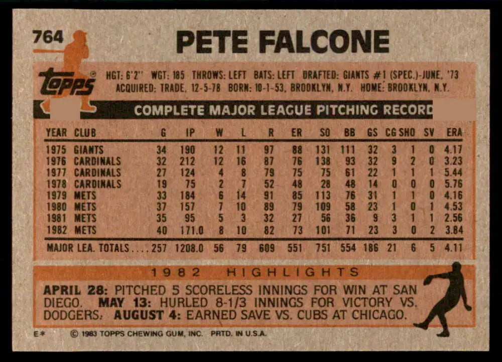 1983 Topps #764 Pete Falcone EX Excellent New York Mets Baseball Card - Baseball Card Single