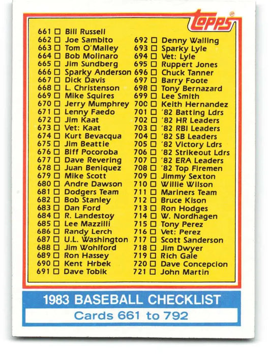 1983 Topps #769 Checklist 661-792 EX Excellent Baseball Card - Baseball Card Single