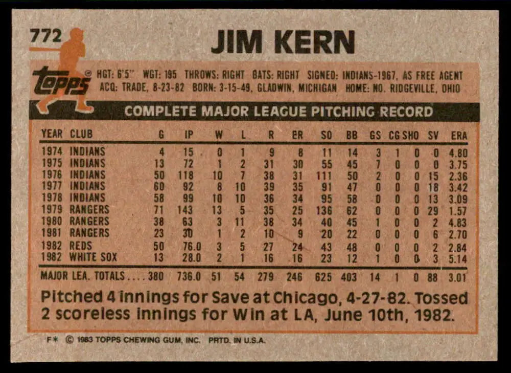 1983 Topps #772 Jim Kern EX Excellent Chicago White Sox Baseball Card - Baseball Card Single