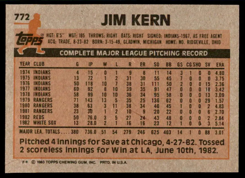 1983 Topps #772 Jim Kern EX Excellent Chicago White Sox Baseball Card - Baseball Card Single