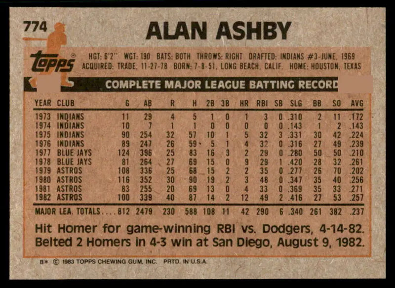 1983 Topps #774 Alan Ashby EX Excellent Houston Astros Baseball Card - Baseball Card Single