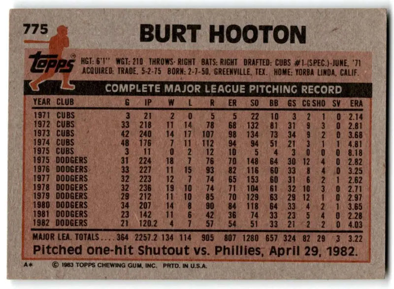 1983 Topps #775 Burt Hooton EX Excellent Los Angeles Dodgers Baseball Card - Baseball Card Single