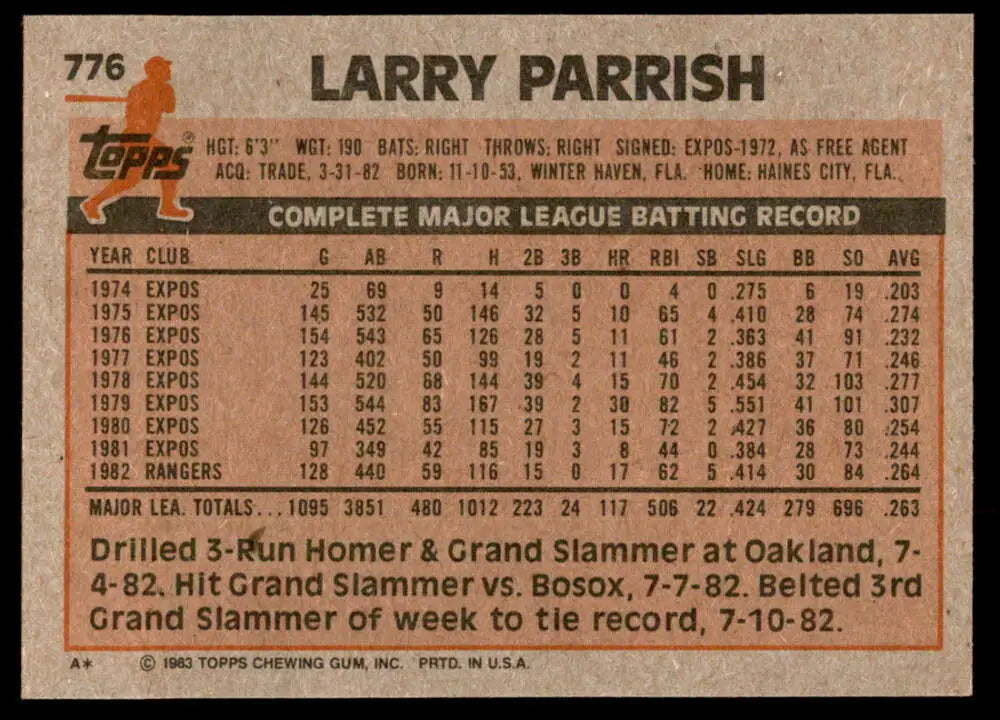 1983 Topps #776 Larry Parrish EX Excellent Texas Rangers Baseball Card - Baseball Card Single