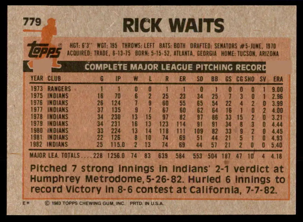 1983 Topps #779 Rick Waits EX Excellent Cleveland Indians Baseball Card - Baseball Card Single