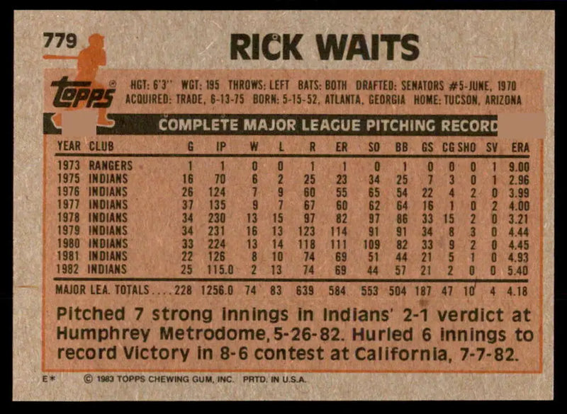 1983 Topps #779 Rick Waits EX Excellent Cleveland Indians Baseball Card - Baseball Card Single