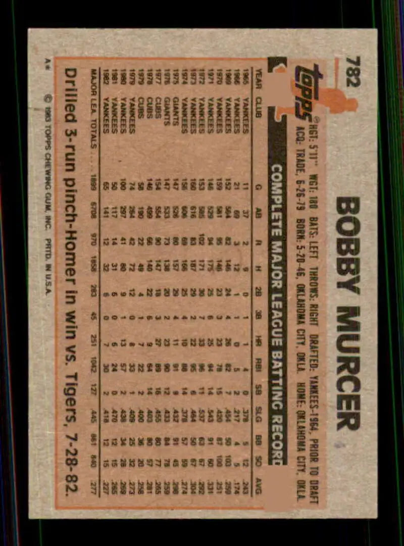 1983 Topps #782 Bobby Murcer EX Excellent New York Yankees Baseball Card - Baseball Card Single