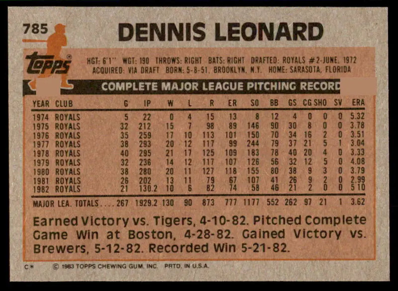 1983 Topps #785 Dennis Leonard EX Excellent Kansas City Royals Baseball Card - Baseball Card Single