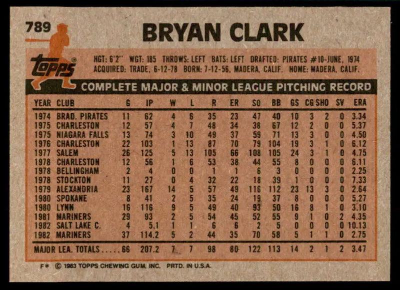 1983 Topps #789 Bryan Clark EX Excellent Seattle Mariners Baseball Card - Baseball Card Single