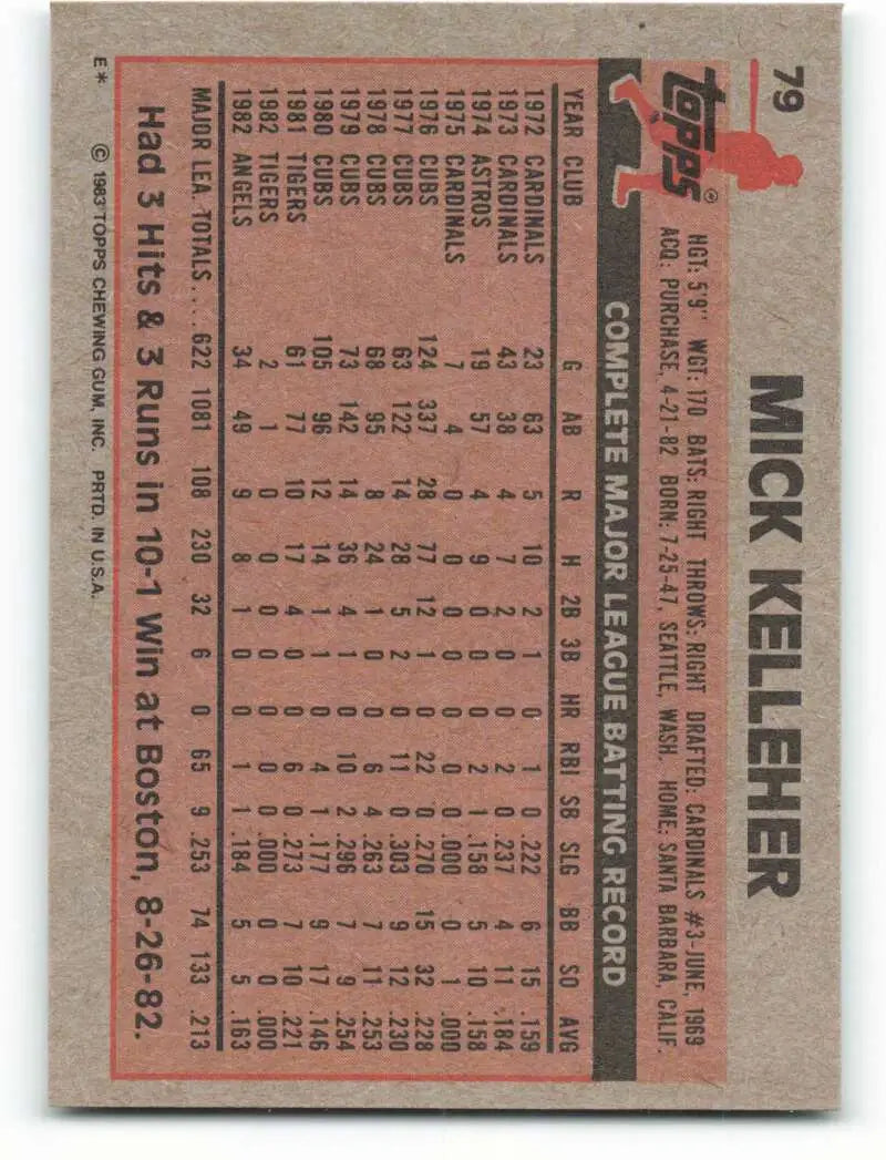 1983 Topps #79 Mick Kelleher EX Excellent California Angels Baseball Card - Baseball Card Single