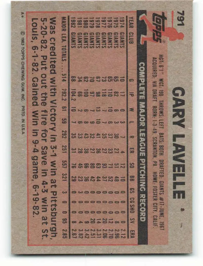 1983 Topps #791 Gary Lavelle EX Excellent San Francisco Giants Baseball Card - Baseball Card Single