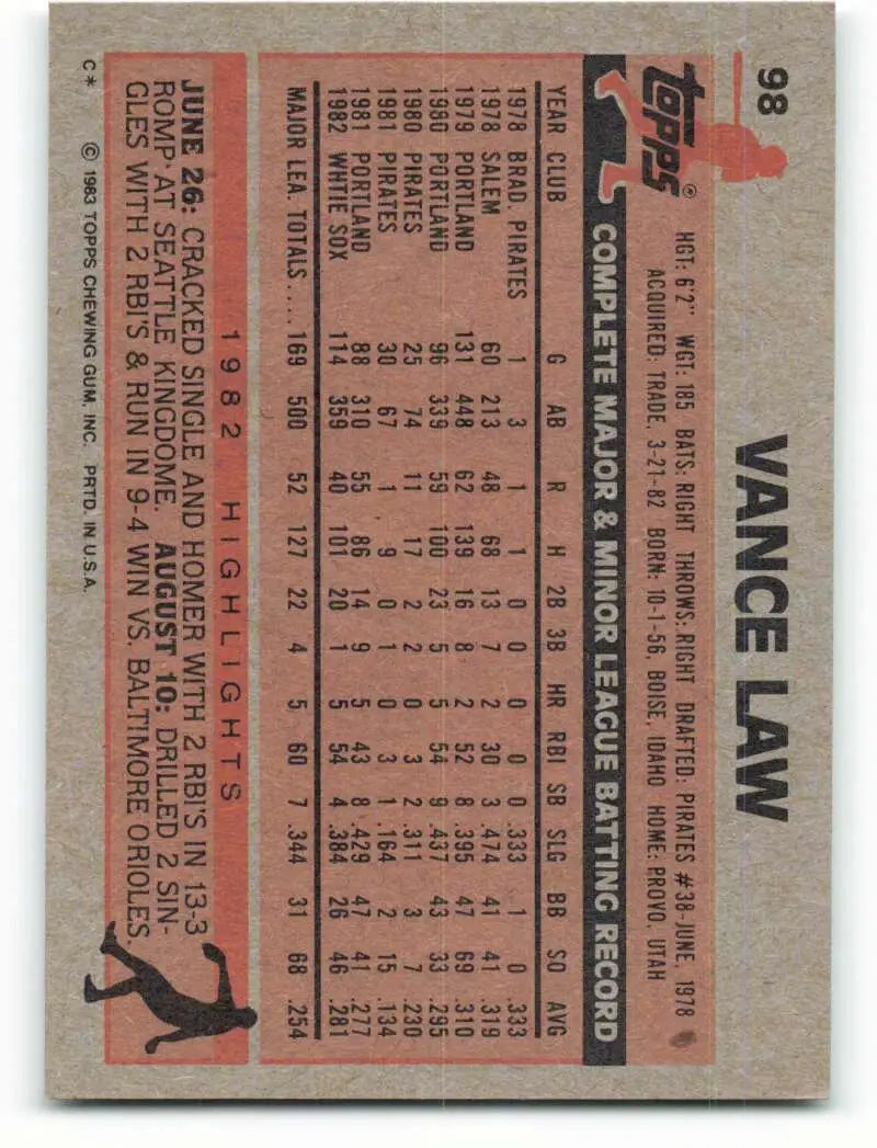 1983 Topps #98 Vance Law EX Excellent Chicago White Sox Baseball Card - Baseball Card Single