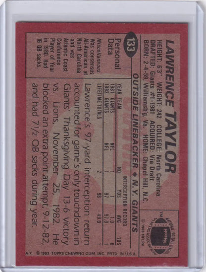 1983 Topps Football #133 Lawrence Taylor card featuring New York Giants legend