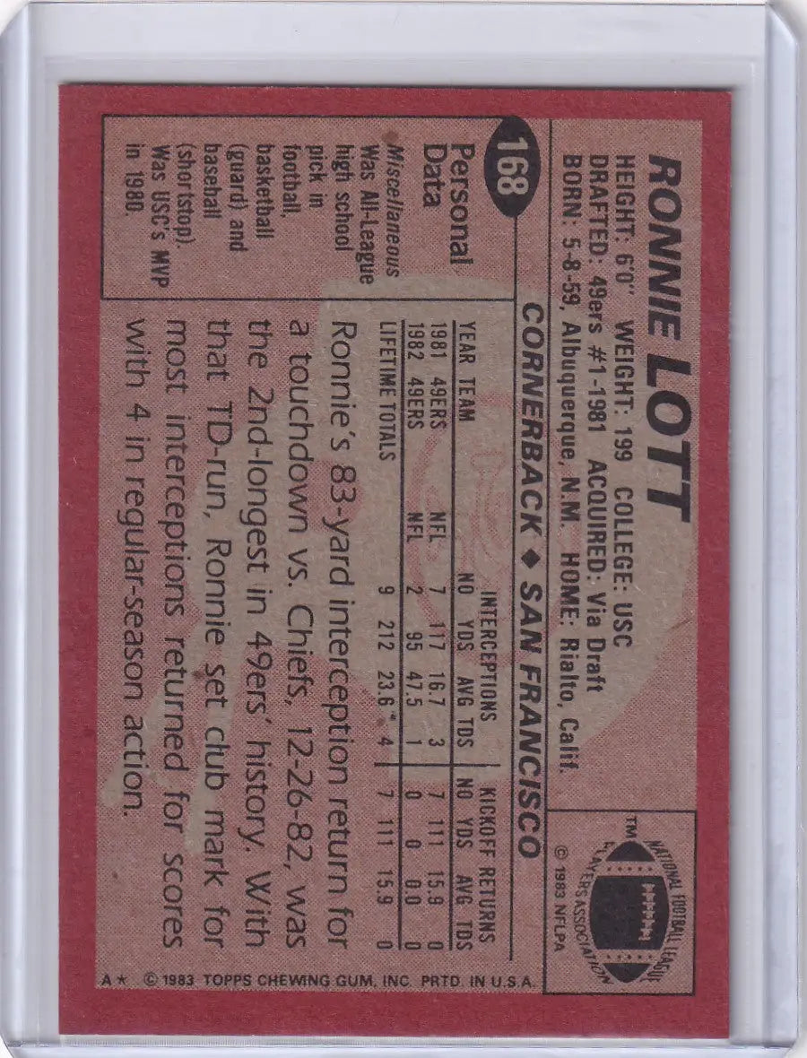 Ronnie Lott 1983 Topps Football card featuring San Francisco 49ers