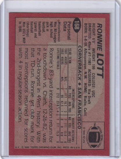 Ronnie Lott 1983 Topps Football card featuring San Francisco 49ers