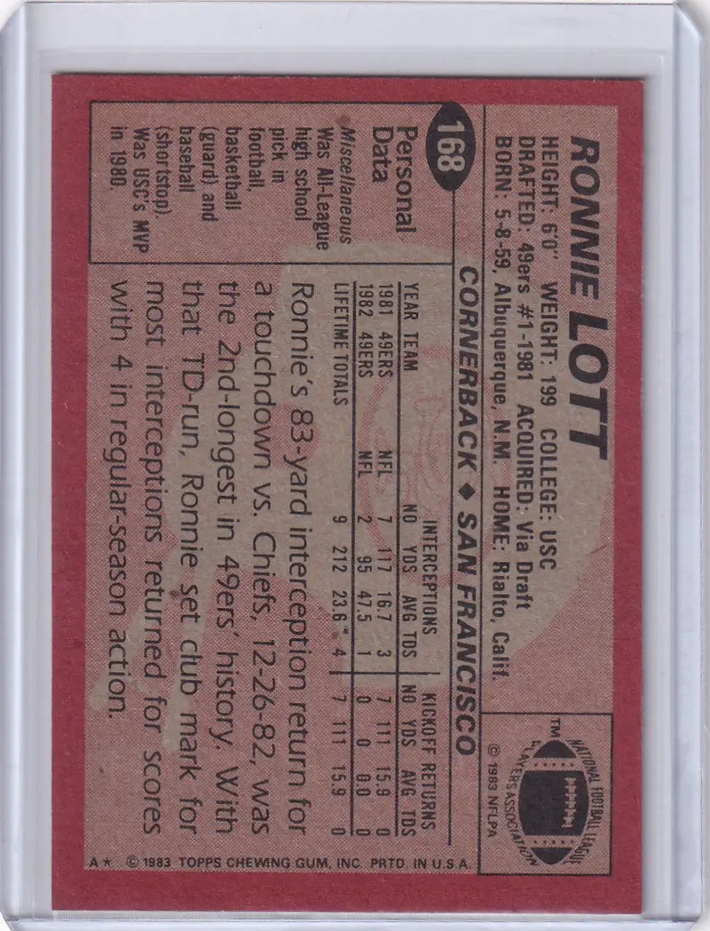 Ronnie Lott 1983 Topps Football card featuring San Francisco 49ers