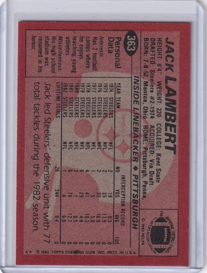 1983 Topps Football #363 Jack Lambert card featuring Pittsburgh Steelers legend