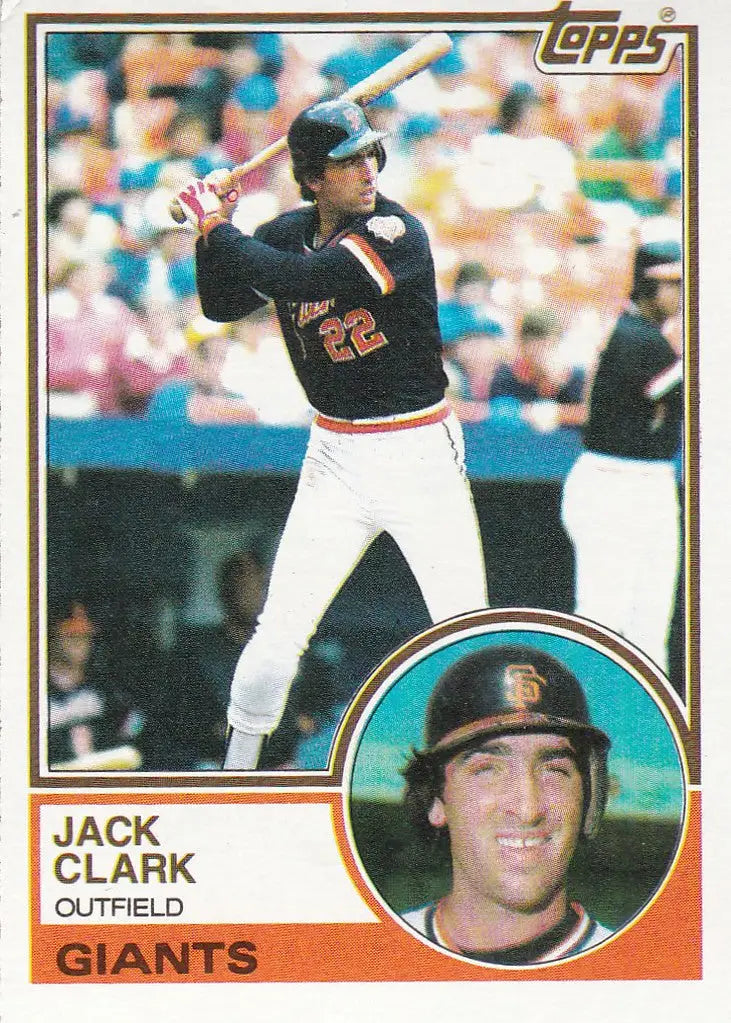 Baseball card of Jack Clark batting, featured in 1983 Topps Giants #210