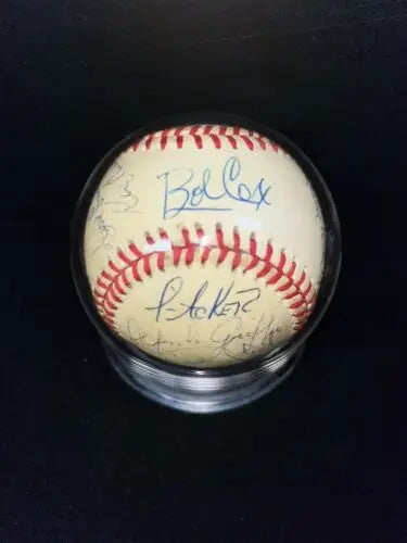 Autographed 1983 Toronto Blue Jays team ball in display case with 20 signatures