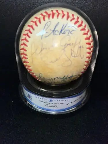 Autographed baseball from 1983 Toronto Blue Jays team in display case with 20 signatures