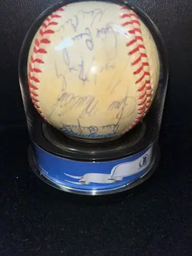 Signed 1983 Toronto Blue Jays baseball in display case with 20 player autographs