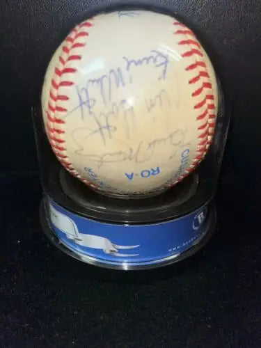 Autographed 1983 Toronto Blue Jays Team Signed Ball on display stand with 20 signatures
