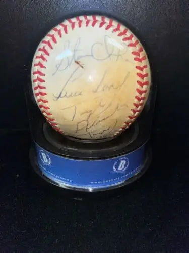 Autographed Toronto Blue Jays baseball in display case with 20 signatures