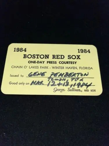 1984 Boston Red Sox press pass featuring Clemens, Boggs, and Rice from Spring Training