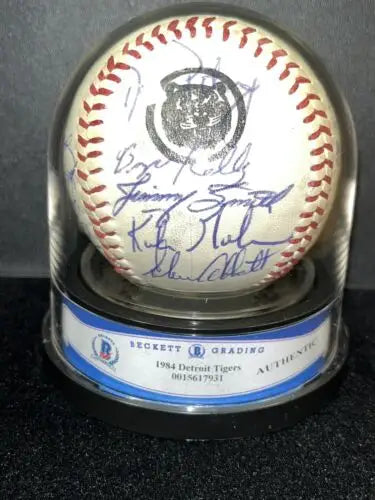 Signed 1984 Detroit Tigers Team Signed Wilson Logo Baseball in display case