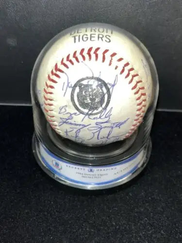 Signed Detroit Tigers team baseball in display case, a premium team signed Wilson collectible