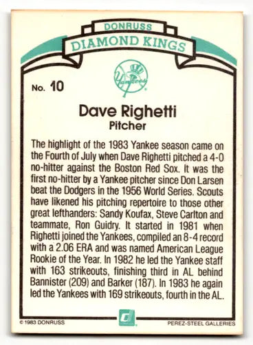 1984 Donruss #10a Dave Righetti EX/NM Yankees DK ERR ID:53081 - Baseball Card Single