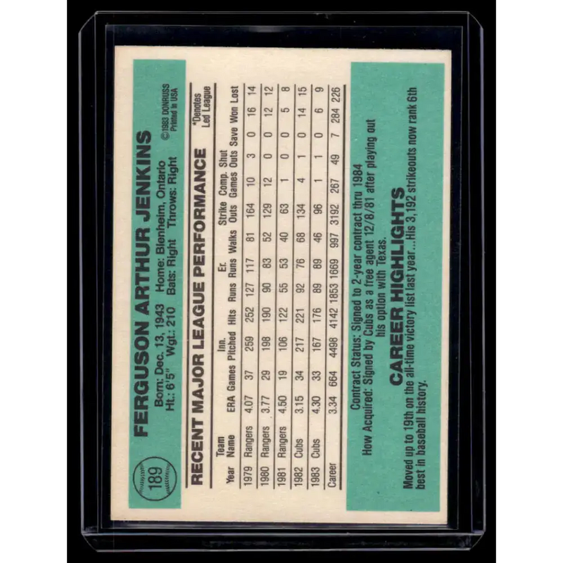 1984 Donruss #189 Ferguson Jenkins EX Chicago Cubs Baseball Card - Baseball Card Single