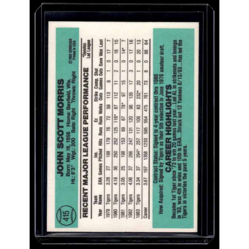 1984 Donruss #415 Jack Morris EX Detroit Tigers Baseball Card - Baseball Card Single