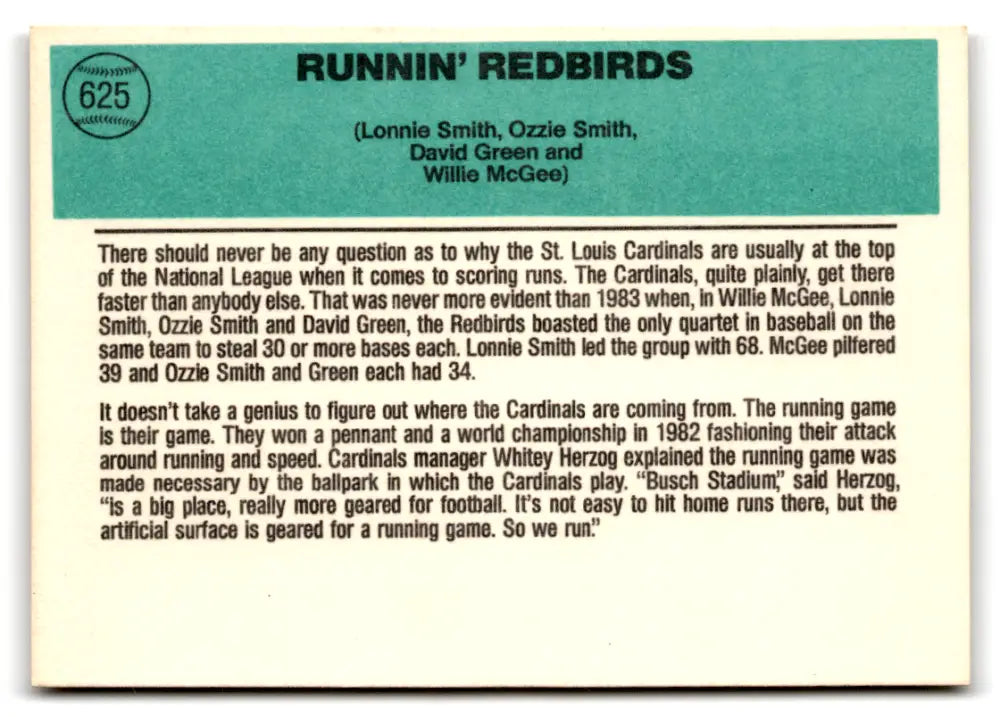 1984 Donruss #625 Lonnie Smith/Ozzie Smith/David Green/Willie McGee NM- ID:79568 - Baseball Card Single