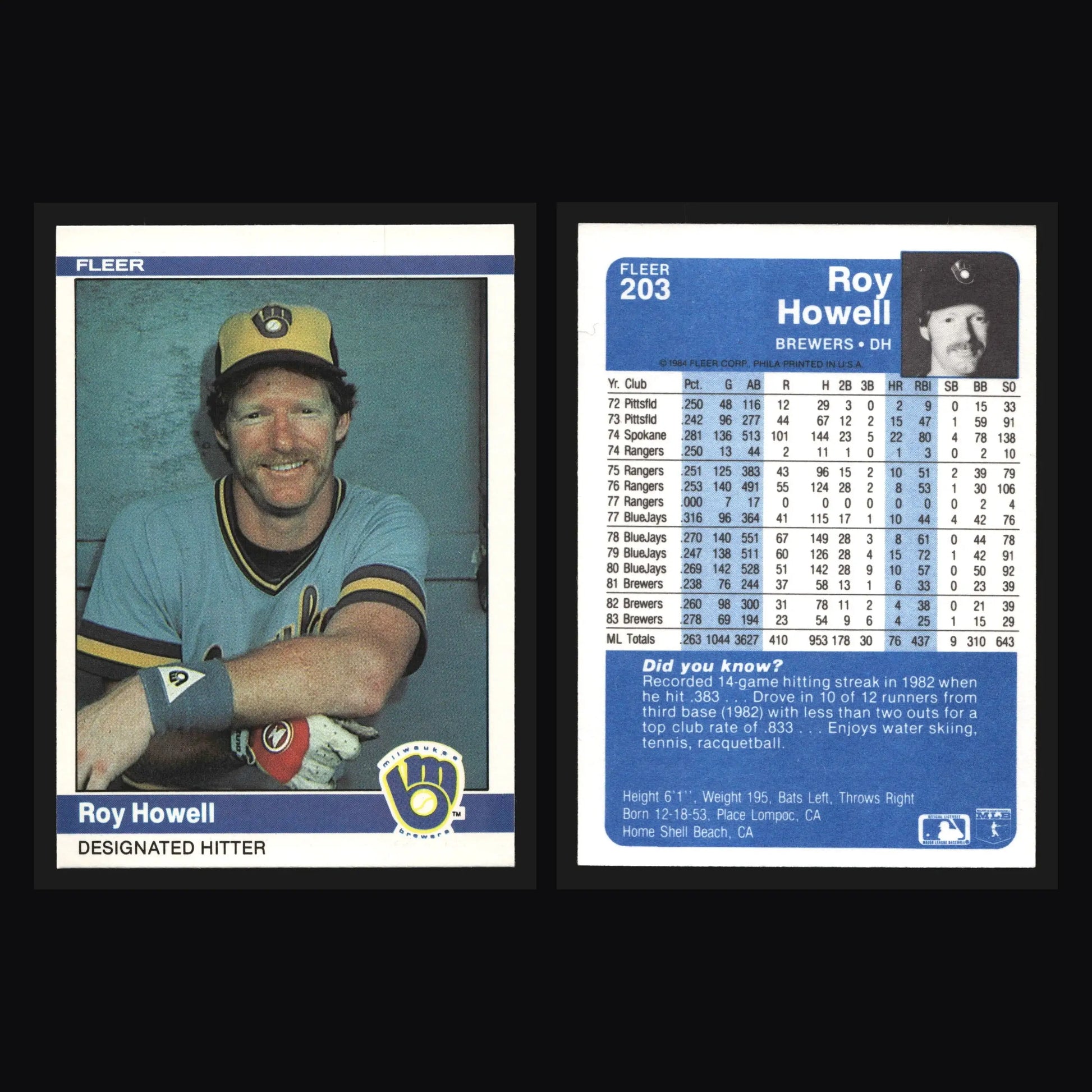 1984 Fleer #203 Roy Howell Milwaukee Brewers Baseball Card - Baseball Card Single