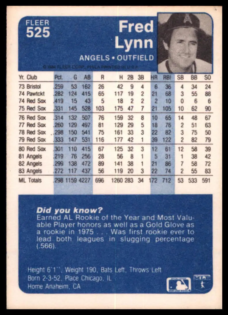 1984 Fleer Fred Lynn 525 California Angels NM - Baseball Card Single