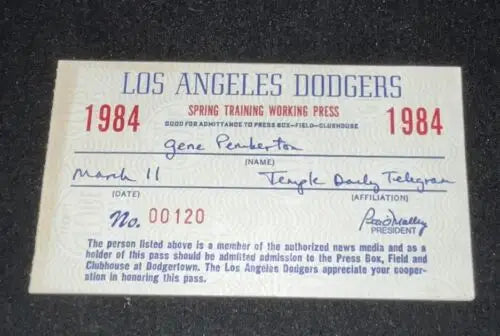 1984 Los Angeles Dodgers Spring Training press pass featuring Orel Hershiser and Valenzuela