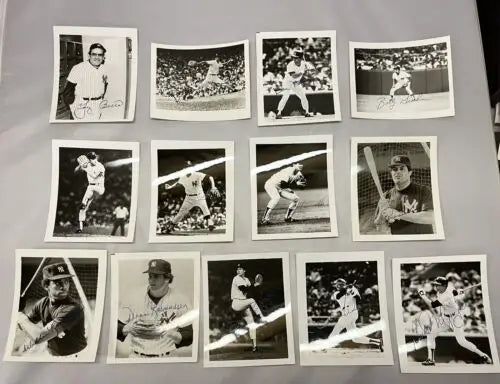 Black and white baseball cards of New York Yankees legends in trading card display